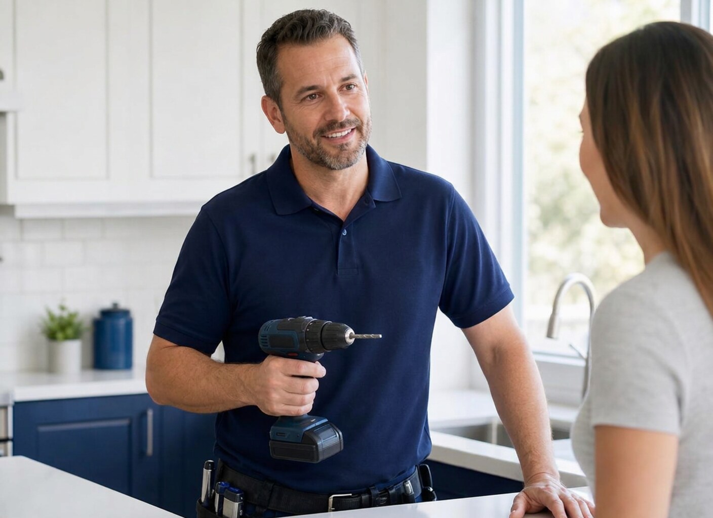 A Pix2Fixed professional in a branded polo reviewing a repair with a homeowner